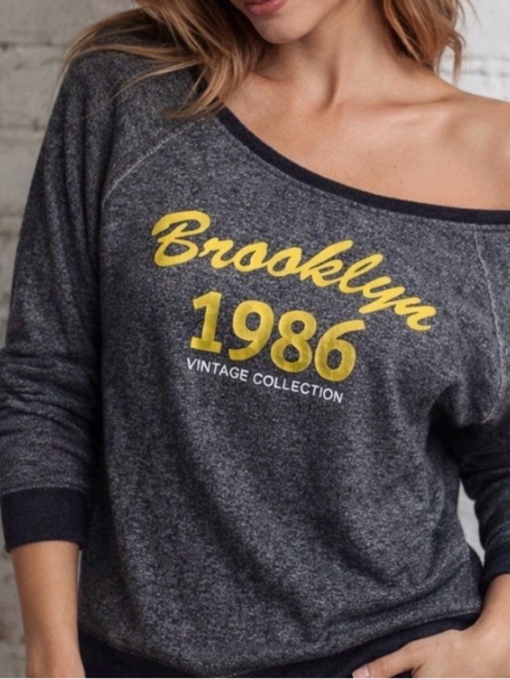 VENUS -off shoulder Charcoal Sweatshirt with Yellow Print